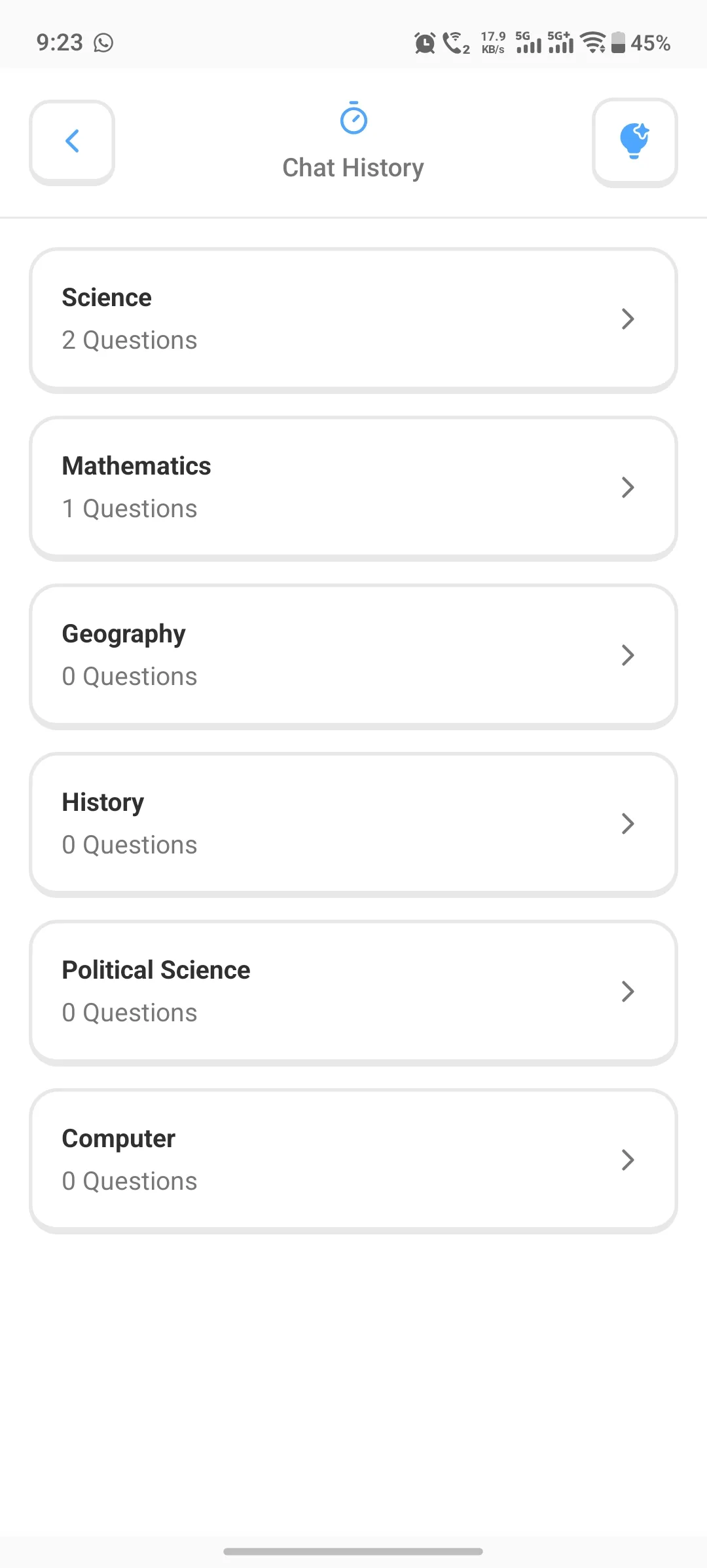 Krutsha AI subject-wise doubt chat history
