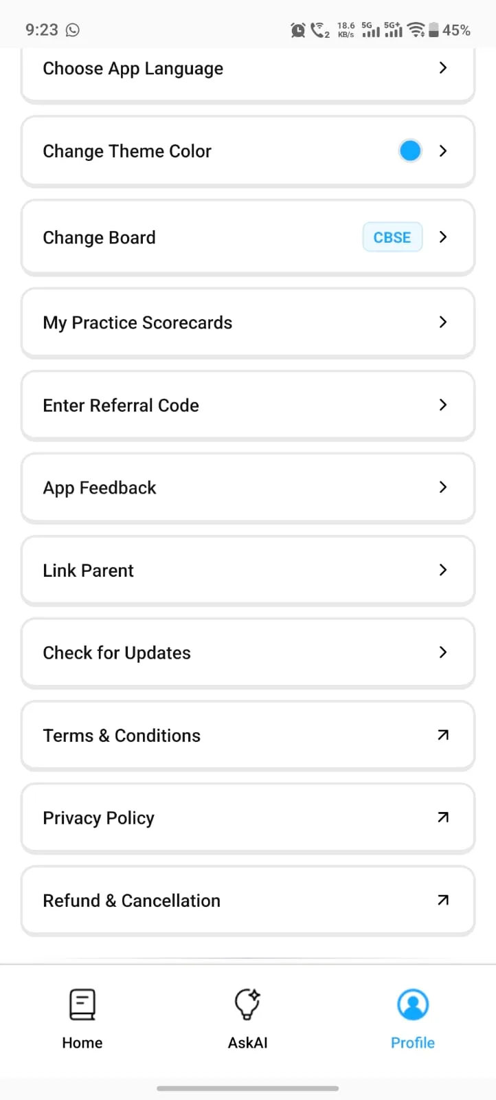 Krutsha AI settings menu with parent link and multi-language support